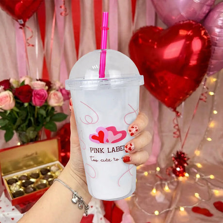 Vaso de Plástico con Tapa y Popote, Pink Label, Too Cute