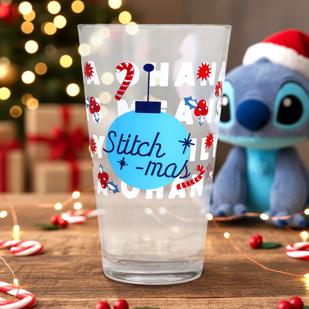 Stitch, Vaso de Cristal Navideño, Ohana, 414 ml