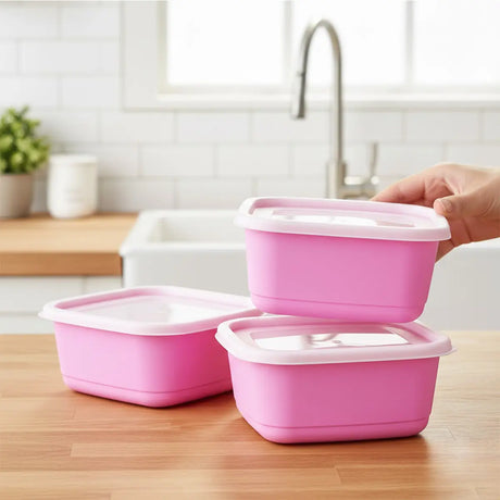 Set de 3 Contenedores Cuadrados, Color Rosa con Tapa, 750 ml