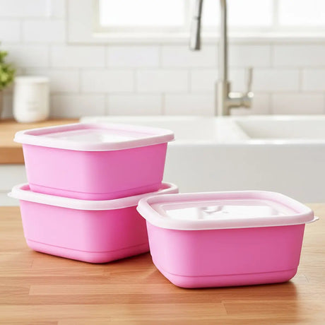 Set de 3 Contenedores Cuadrados, Color Rosa con Tapa, 750 ml