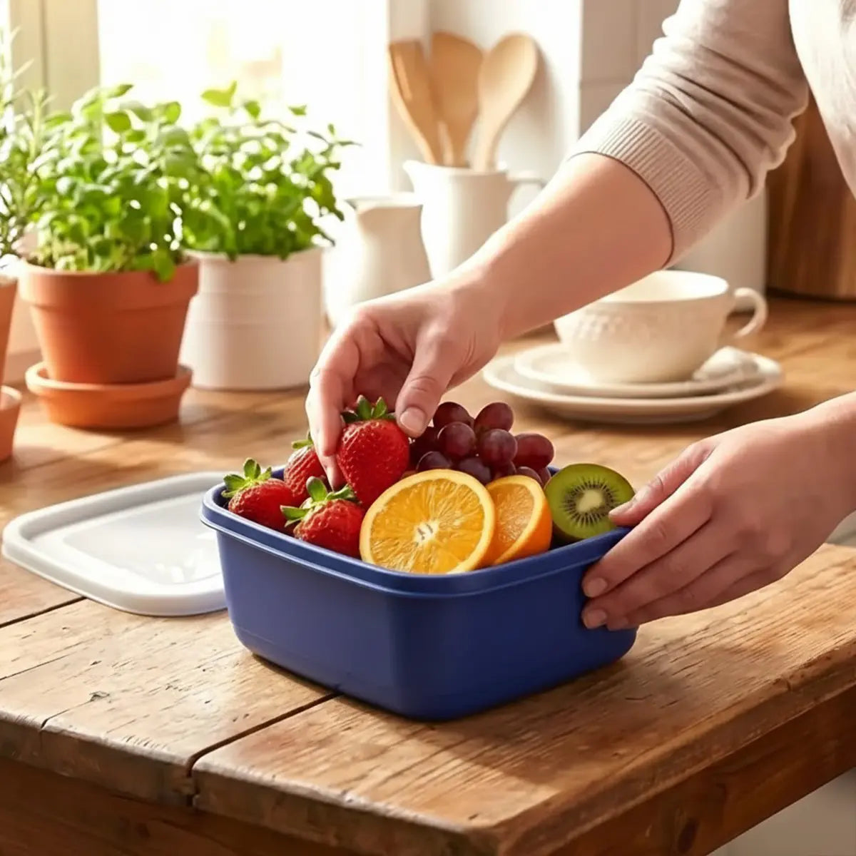 Set de 3 Contenedores Cuadrados, Color Azul con Tapa, 750 ml