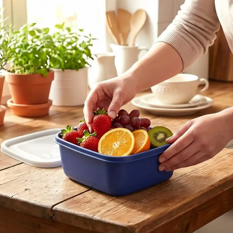 Set de 3 Contenedores Cuadrados, Color Azul con Tapa, 750 ml