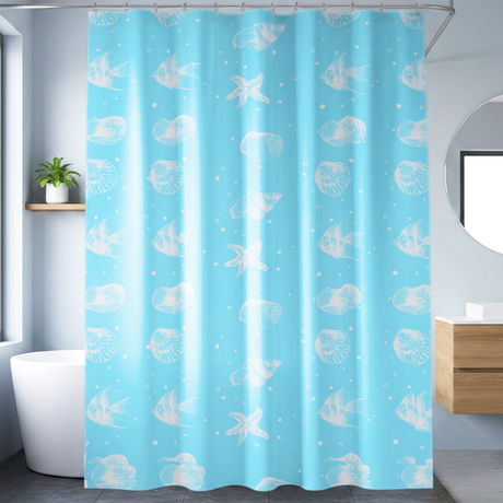 Cortina de Baño, Color Azul, Diseño Conchas