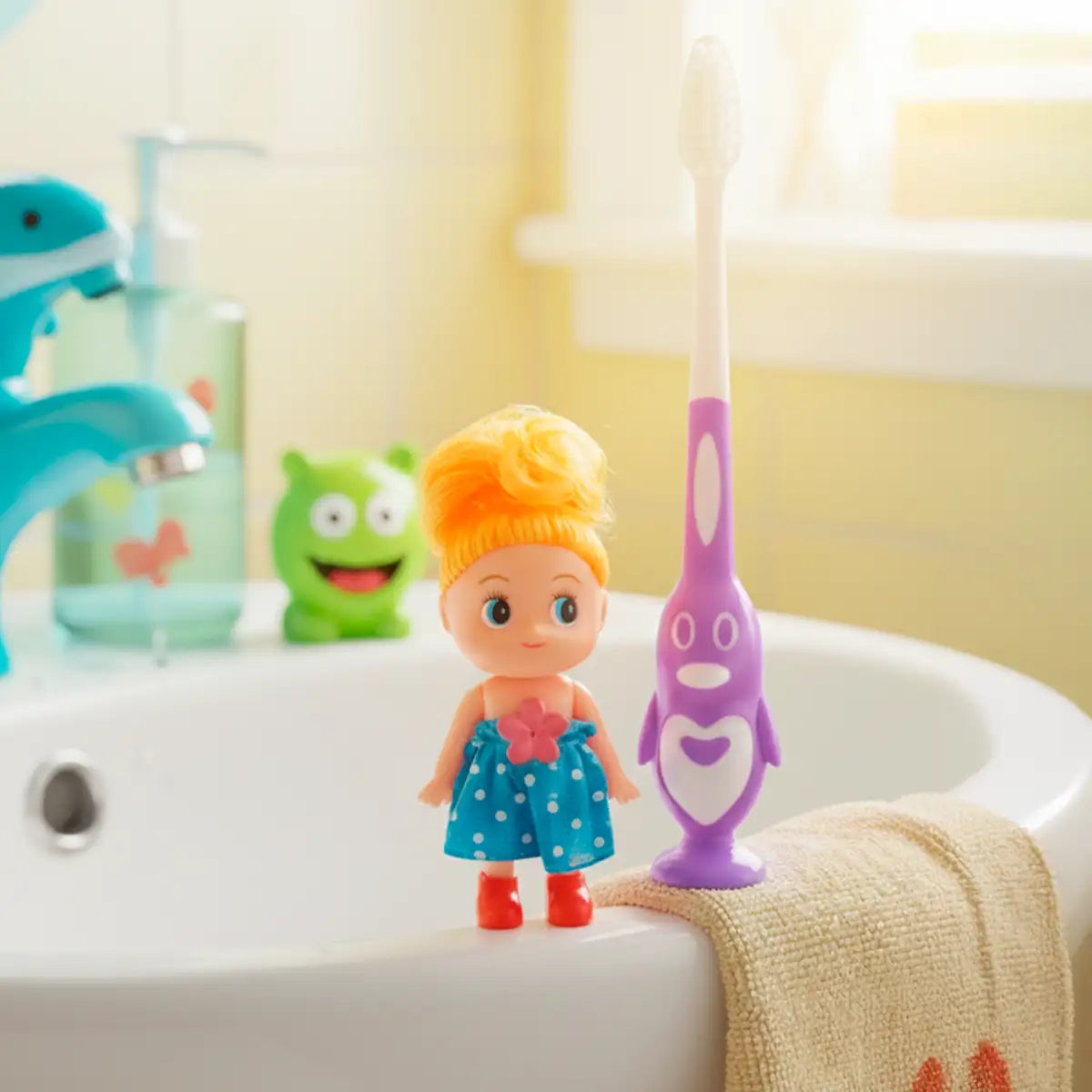 Cepillo Dental, Diseño Pingüino con Muñeca de Juguete, Cool Dent, Color Morado