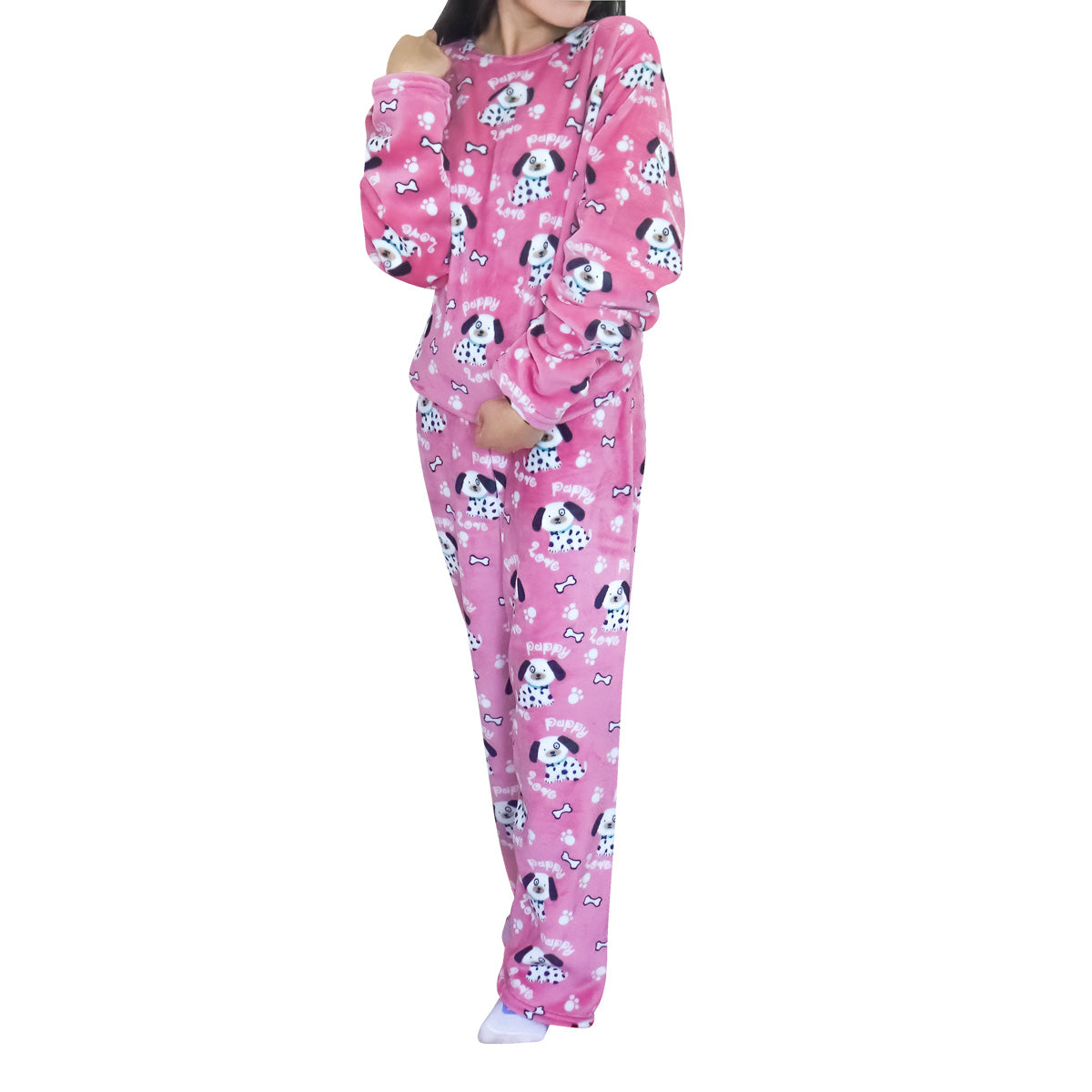 Conjunto de Pijama Polar con Estampado de Perritos para Mujer, color Rosa