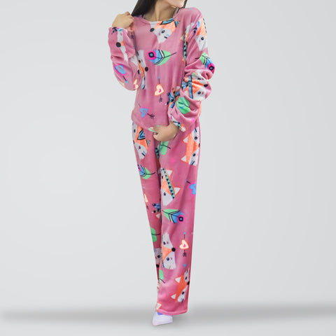 Conjunto de Pijama Polar con Estampado de Zorros para Dama