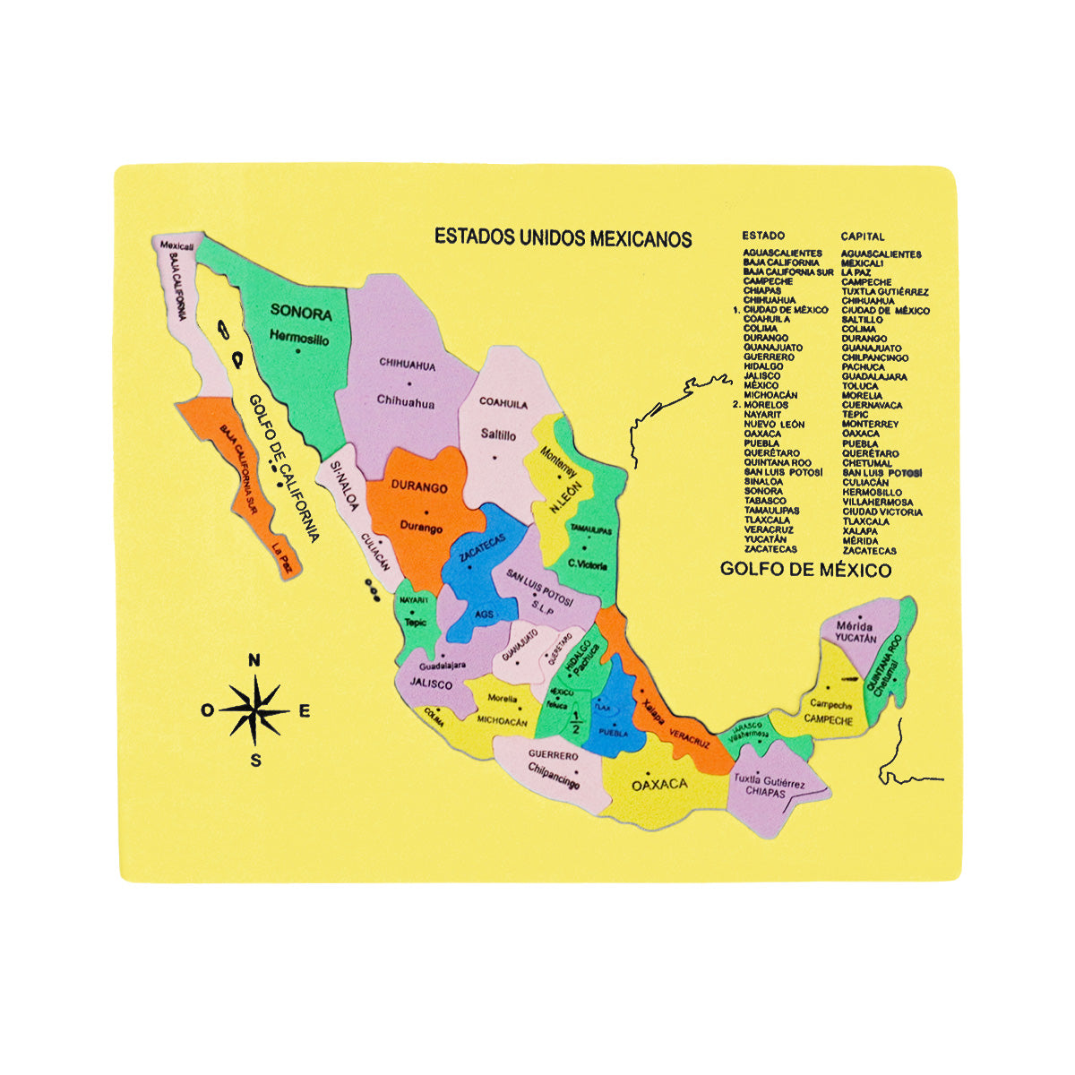 Mapa Didáctico de Foamy de los Estados Unidos Mexicanos, color Amarillo