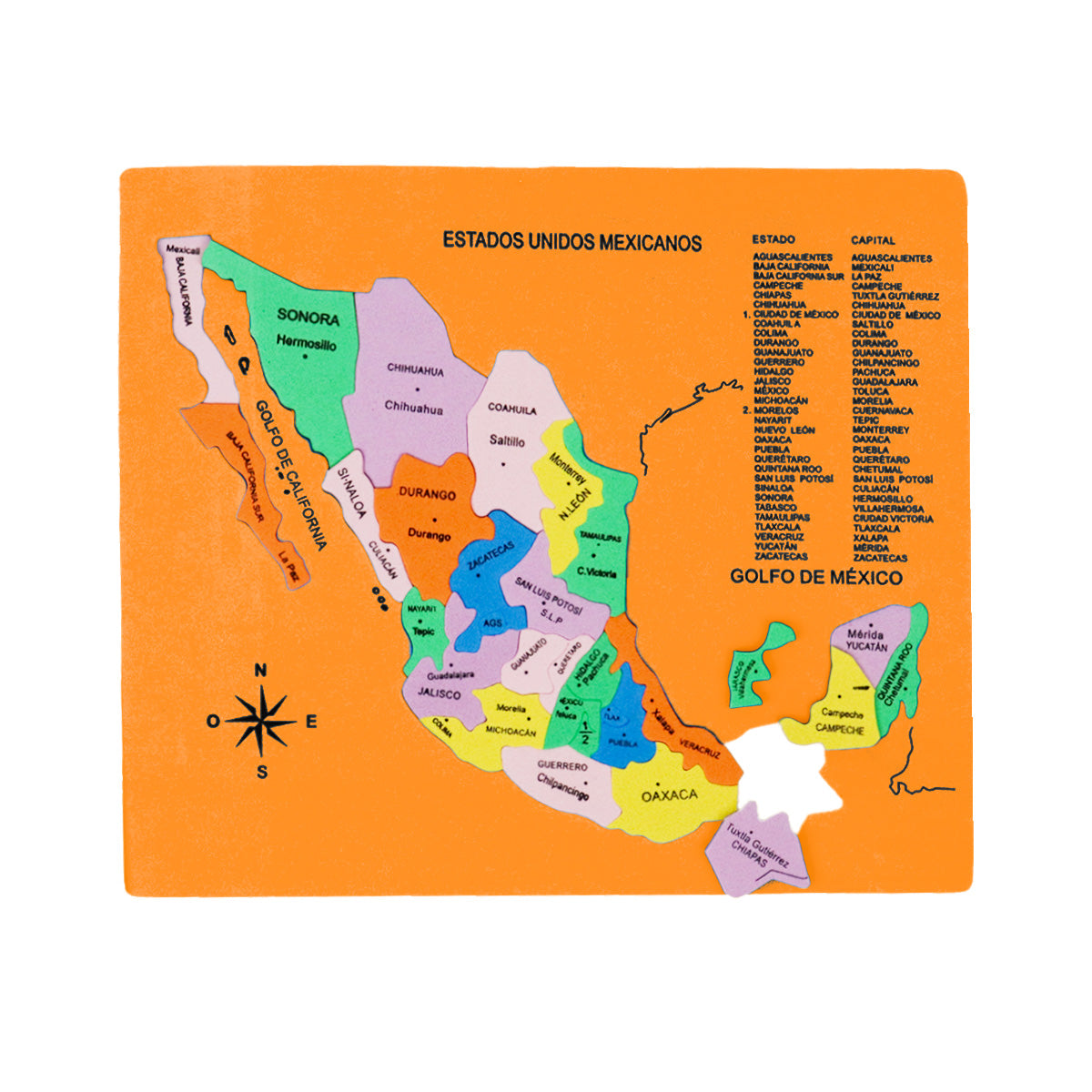 Mapa Didáctico de Foamy de los Estados Unidos Mexicanos, color Naranja