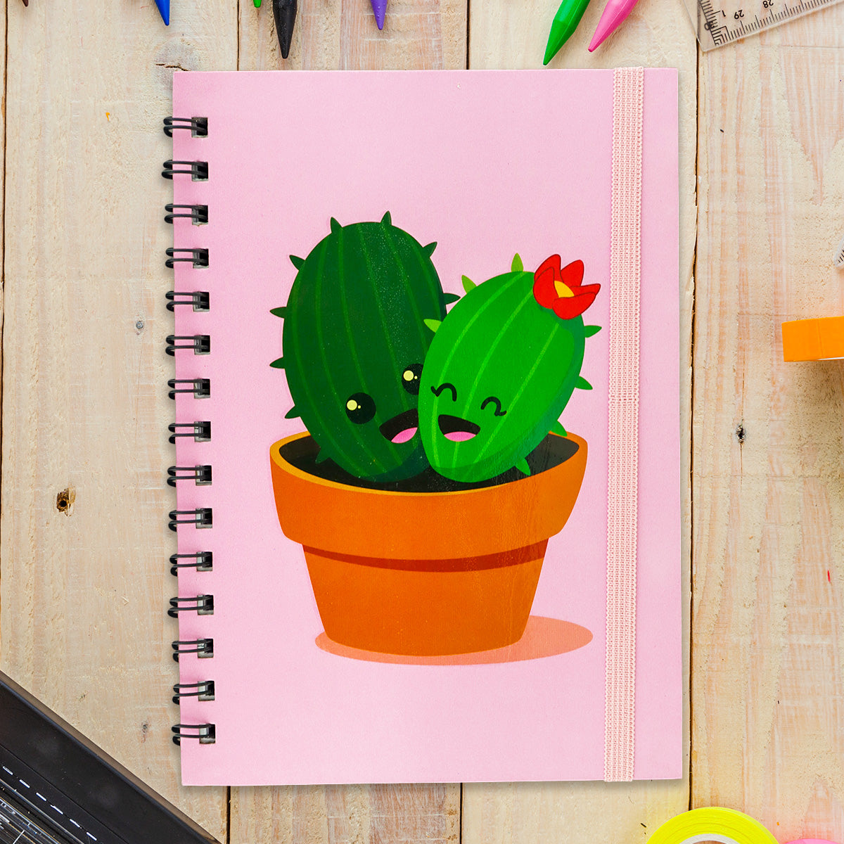 Libreta color Rosa con Diseño de Cactus, 80 Hojas