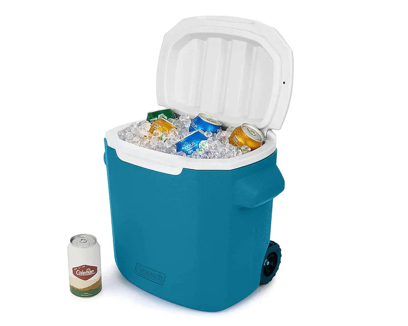 HIELERA COLEMAN DE 28QT MOD. 71129/71126 AZUL CON ASA Y LLANTAS**