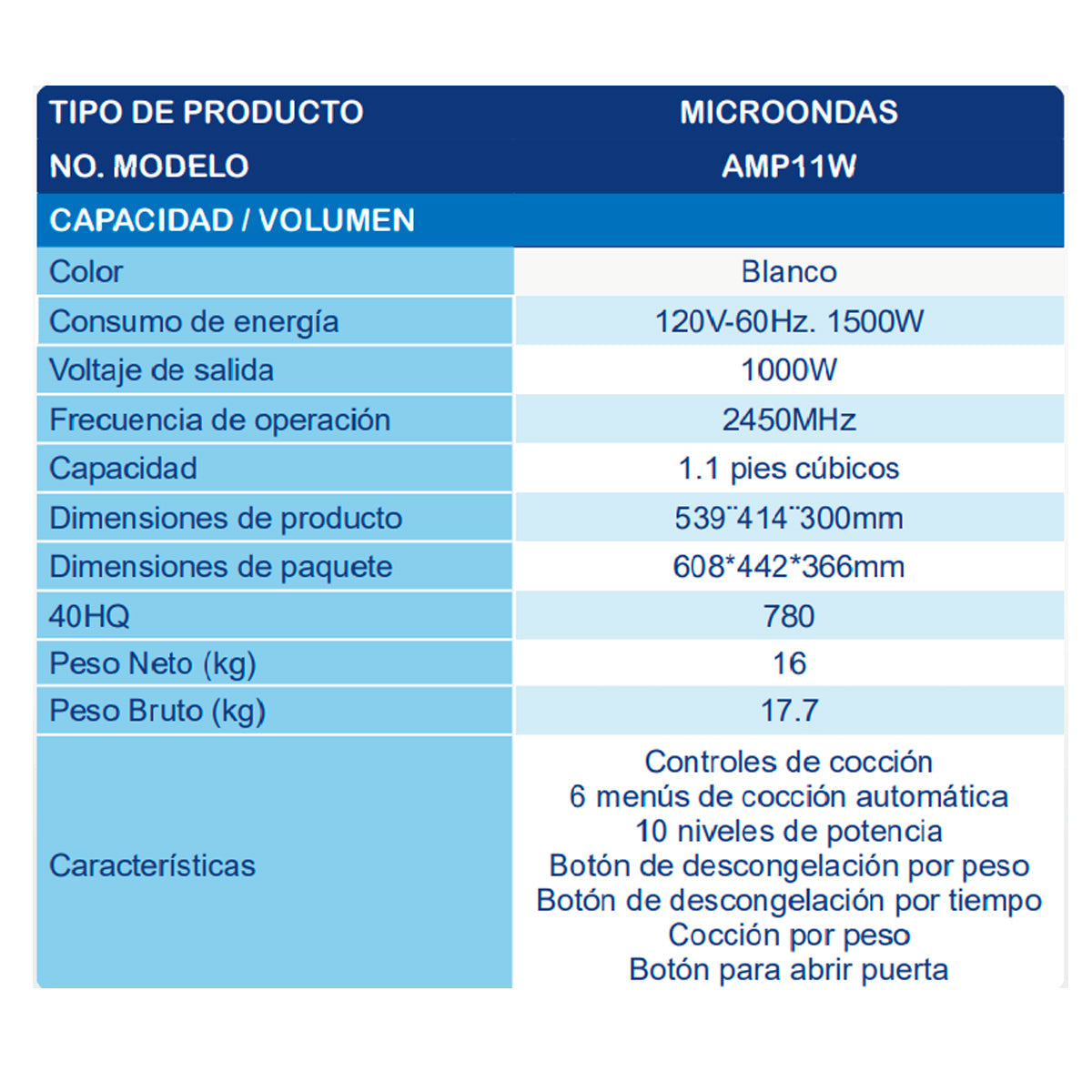 HORNO DE MICROONDAS AURUS MOD. AMP11W 1.1P3 BLANCO**