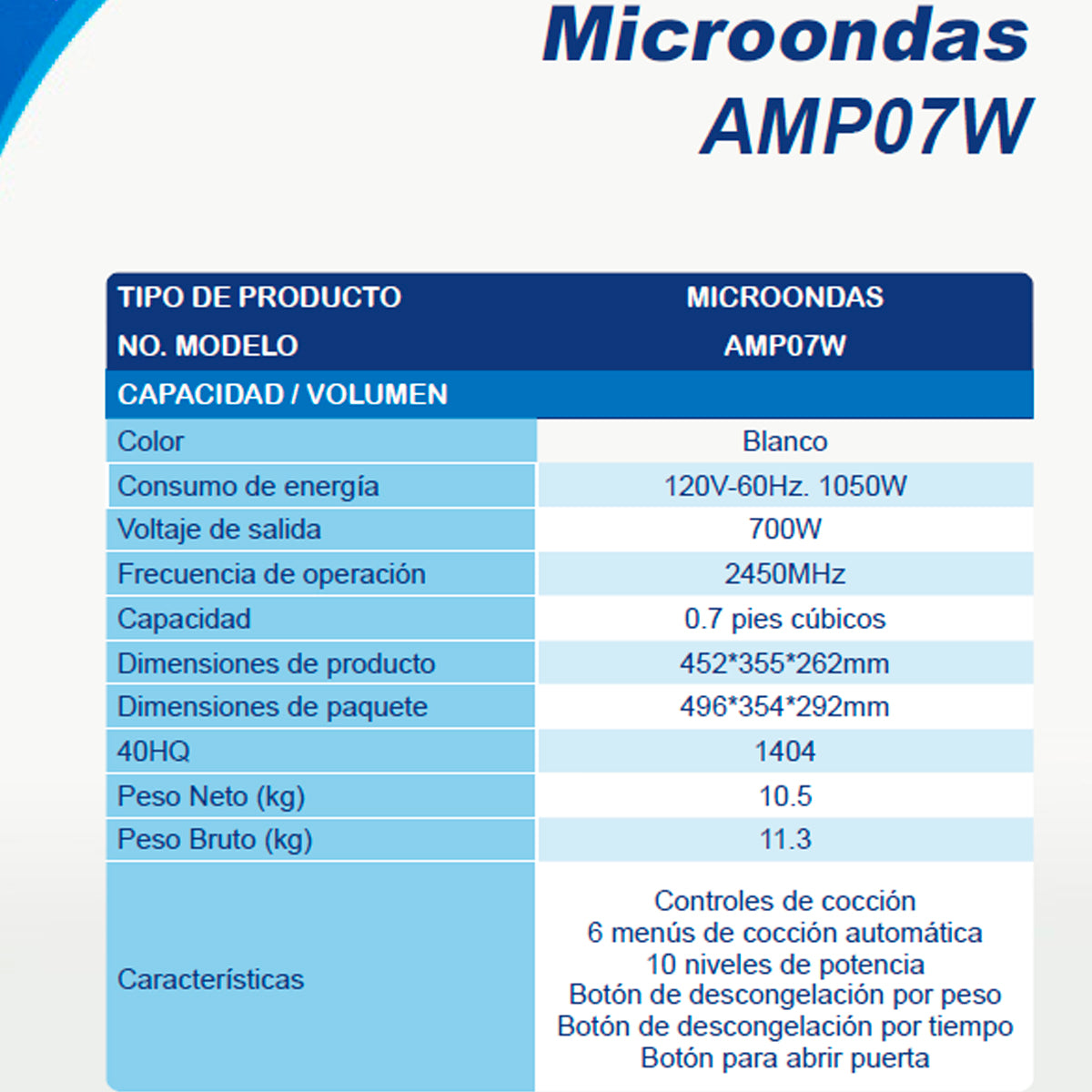 HORNO DE MICROONDAS AURUS MOD. AMP07W 0.7P3 BLANCO**