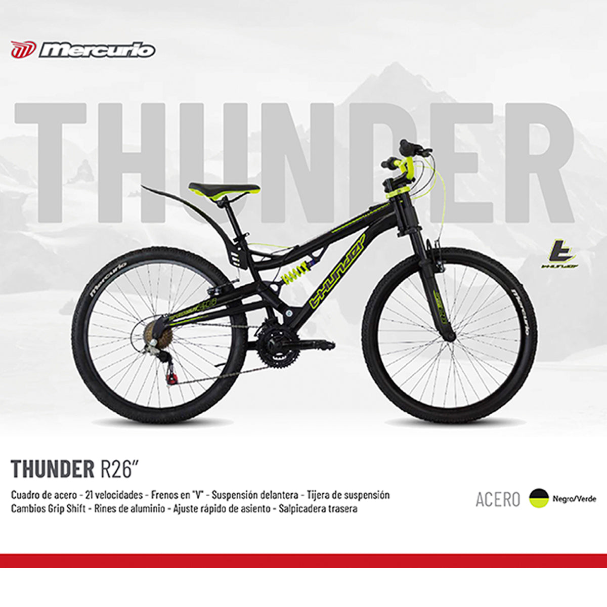 BICI MERCURIO THUNDER R26 21V DS NEGRO / VERDE 20054**