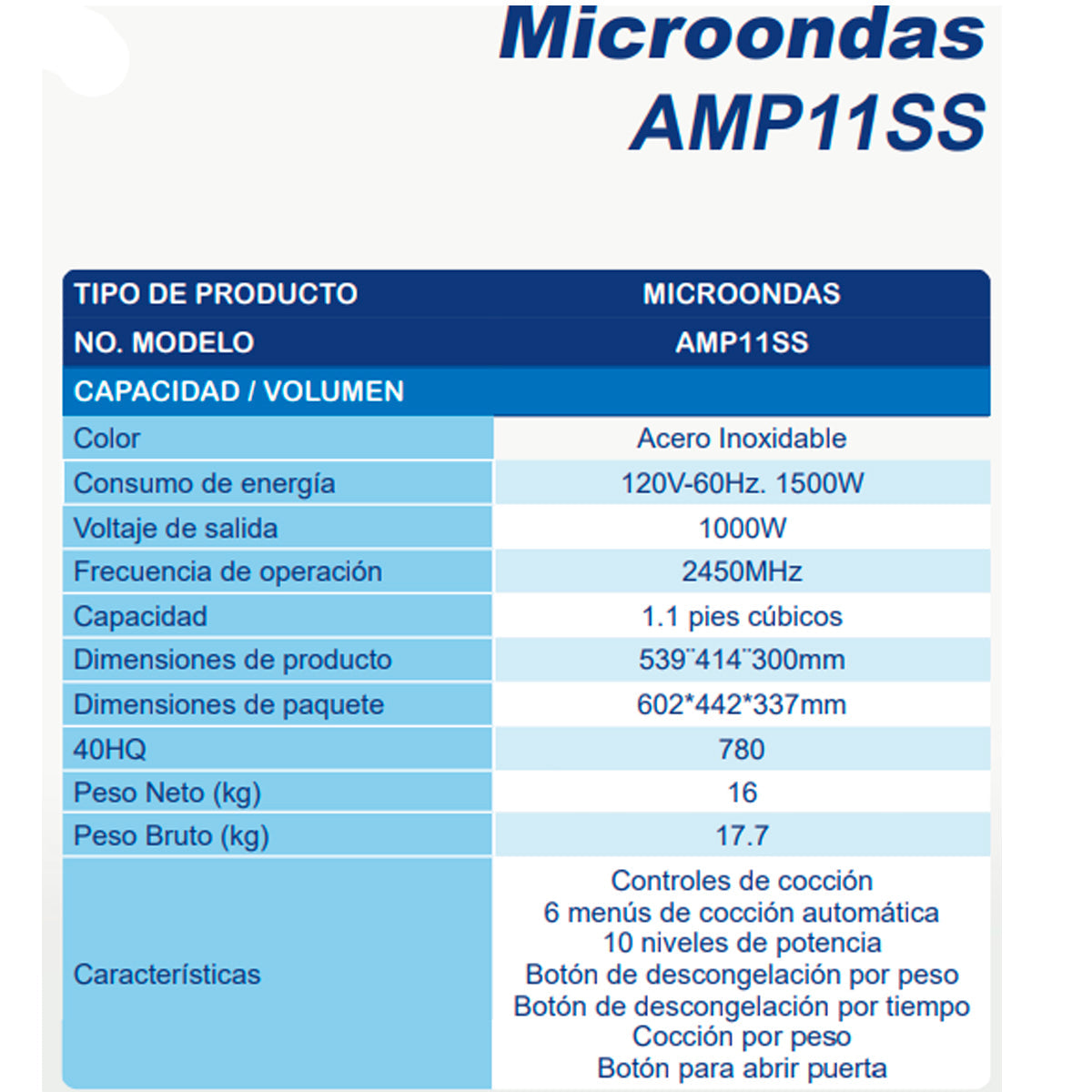 HORNO DE MICROONDAS AURUS MOD. AMP11SS 1.1P3 ACERO INOXIDABLE**