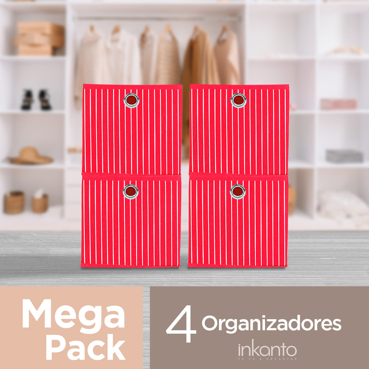 Mega Pack de 4 Cajas Cuadradas para Almacenamiento, Organizador Non Woven Rojo