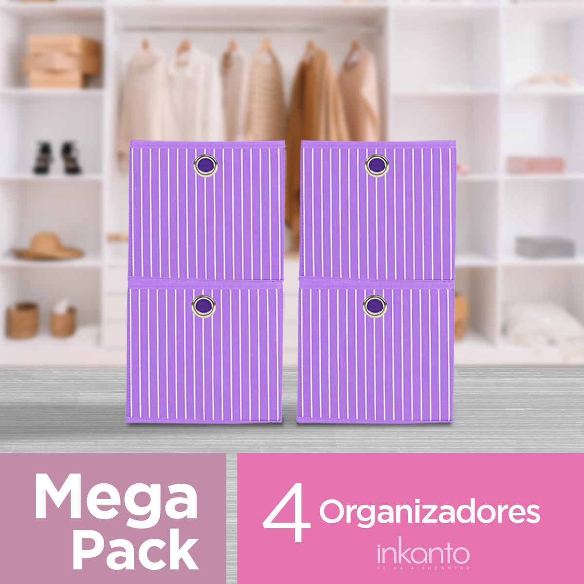 Mega Pack de 4 Cajas Cuadradas color Morado para Almacenamiento, Organizador Non Woven