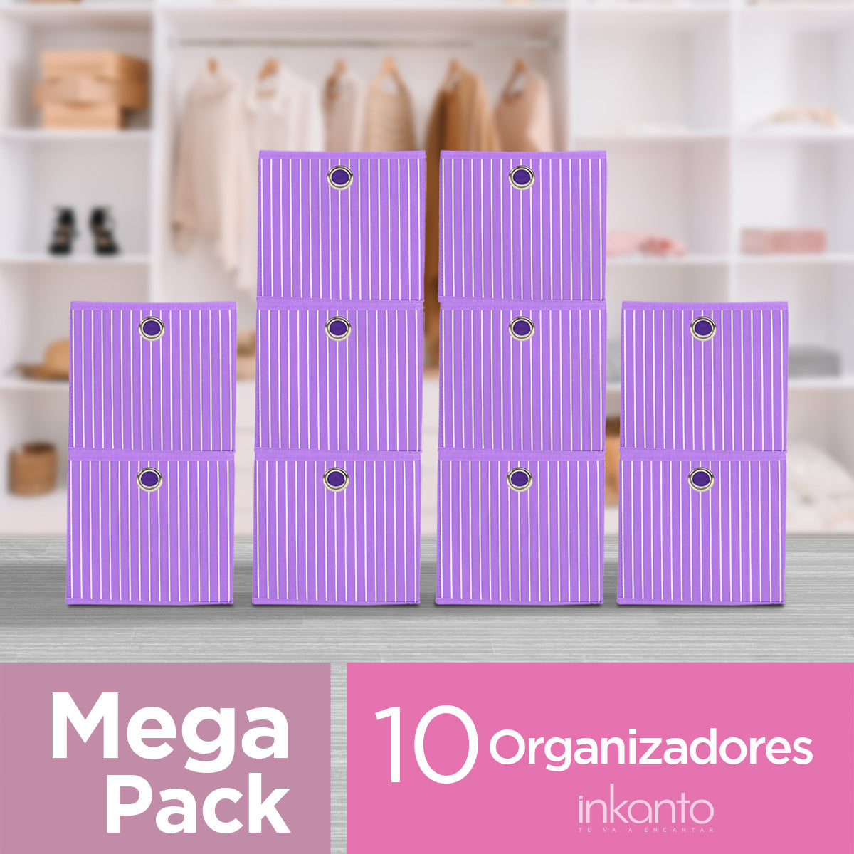 Mega Pack de 10 Cajas Cuadradas color Morado para Almacenamiento, Organizador Non Woven