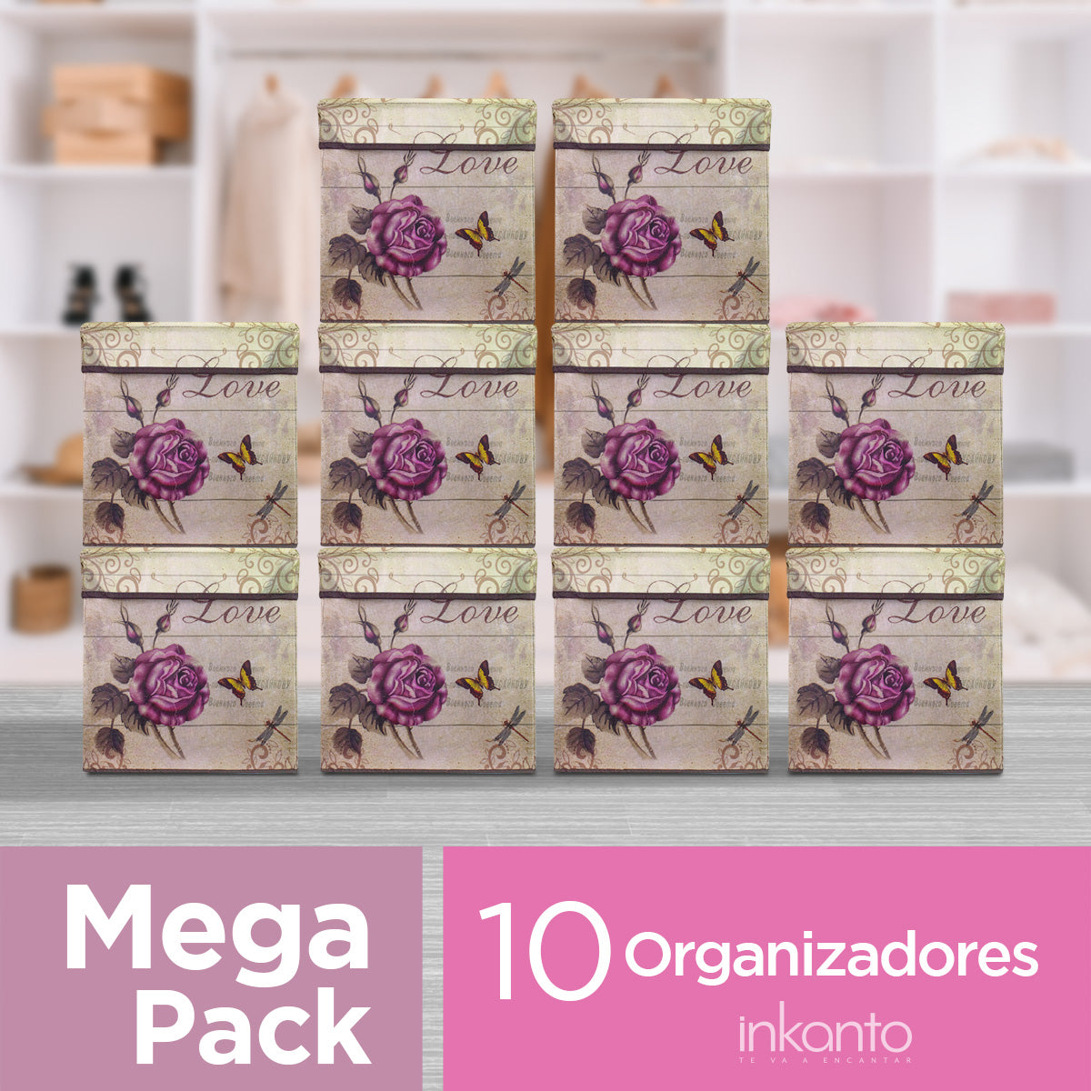 Mega Pack de 10 Cajas Organizadoras con Decoración de Rosas, Inkanto