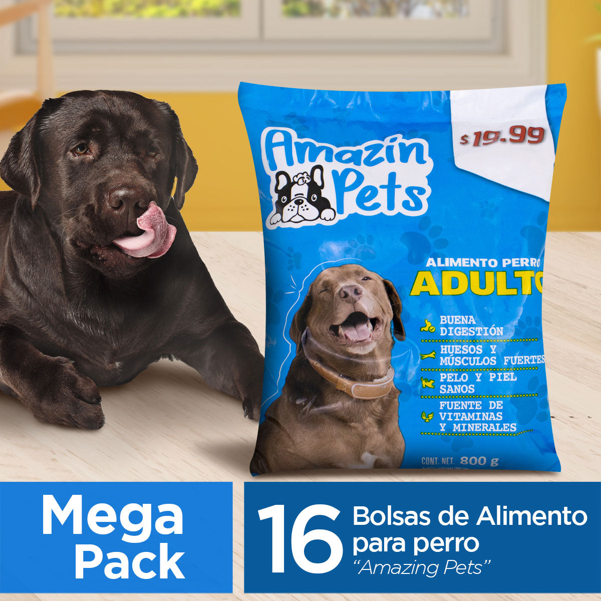 Mega Pack 12.8kg, Alimento para Perro Adulto, Amazin Pets, 16 Bolsas 800g c/u, Gramaje Total 12.8kg.