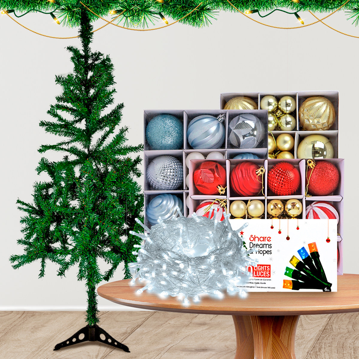 Paquete Navidad con 3 Cajas de Esferas, 2 Series de Luces y 1
