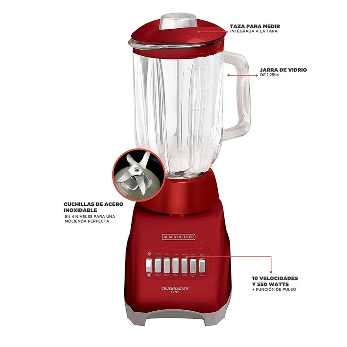 LICUADORA MOD. BL-1000RG 10 VEL. V/VIDRIO ROJA**