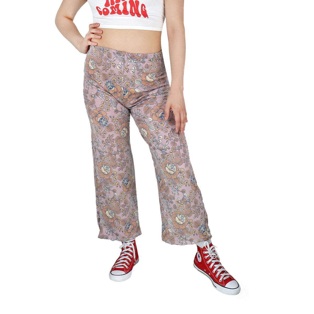 Pantalón Casual color Lila con Estampado de Flores Beige para Dama