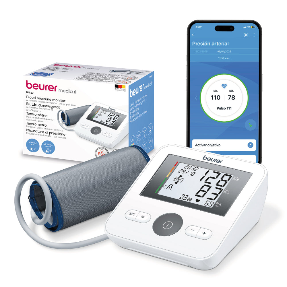 Baumanómetro digital de brazo con detector de arritmias y control de sujetador de brazalete BM27 - Marca Beurer