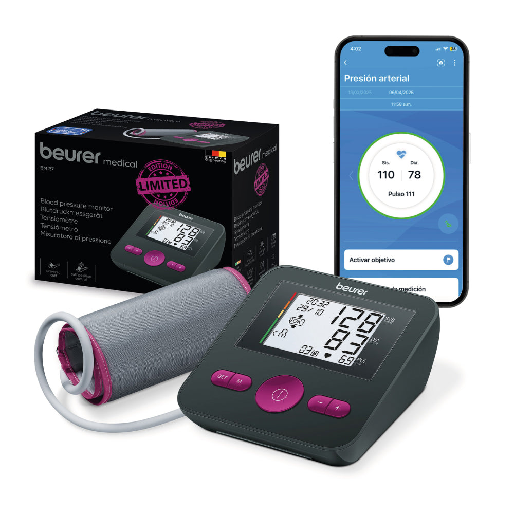 Baumanómetro digital de brazo con detector de arritmias y control de sujetador de brazalete BM27 - Marca Beurer