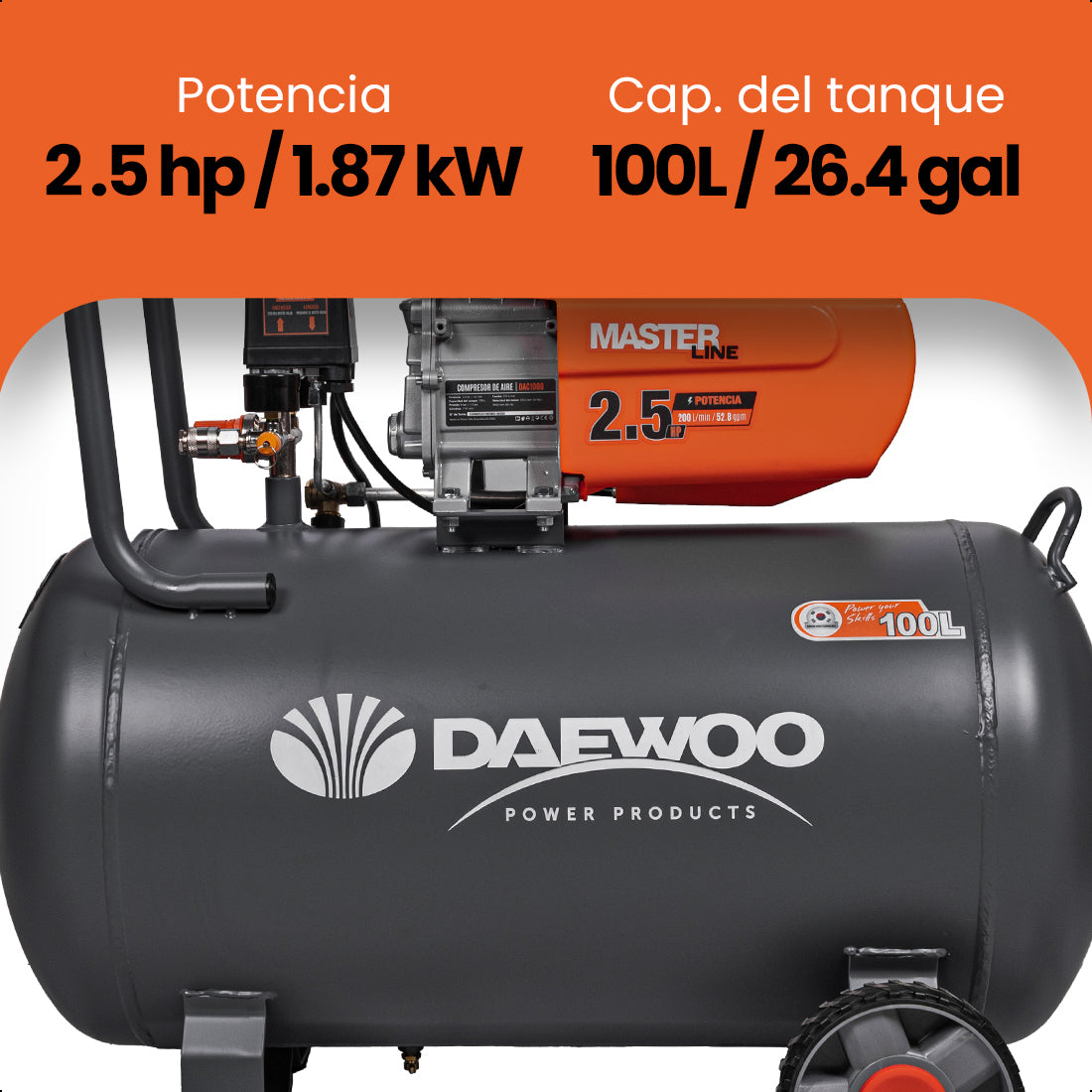 Compresor de aire, lubricado, horizontal 100L 2HP 110V 200L/min DAEWOO