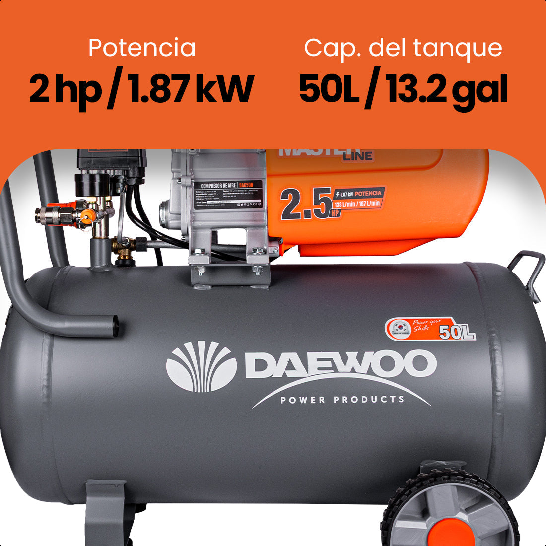 Compresor de aire, lubricado, horizontal 50L 2.5HP 110V 115psi (+kit) DAEWOO