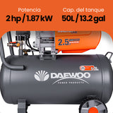 Compresor de aire, lubricado, horizontal 50L 2.5HP 110V 115psi (+kit) DAEWOO