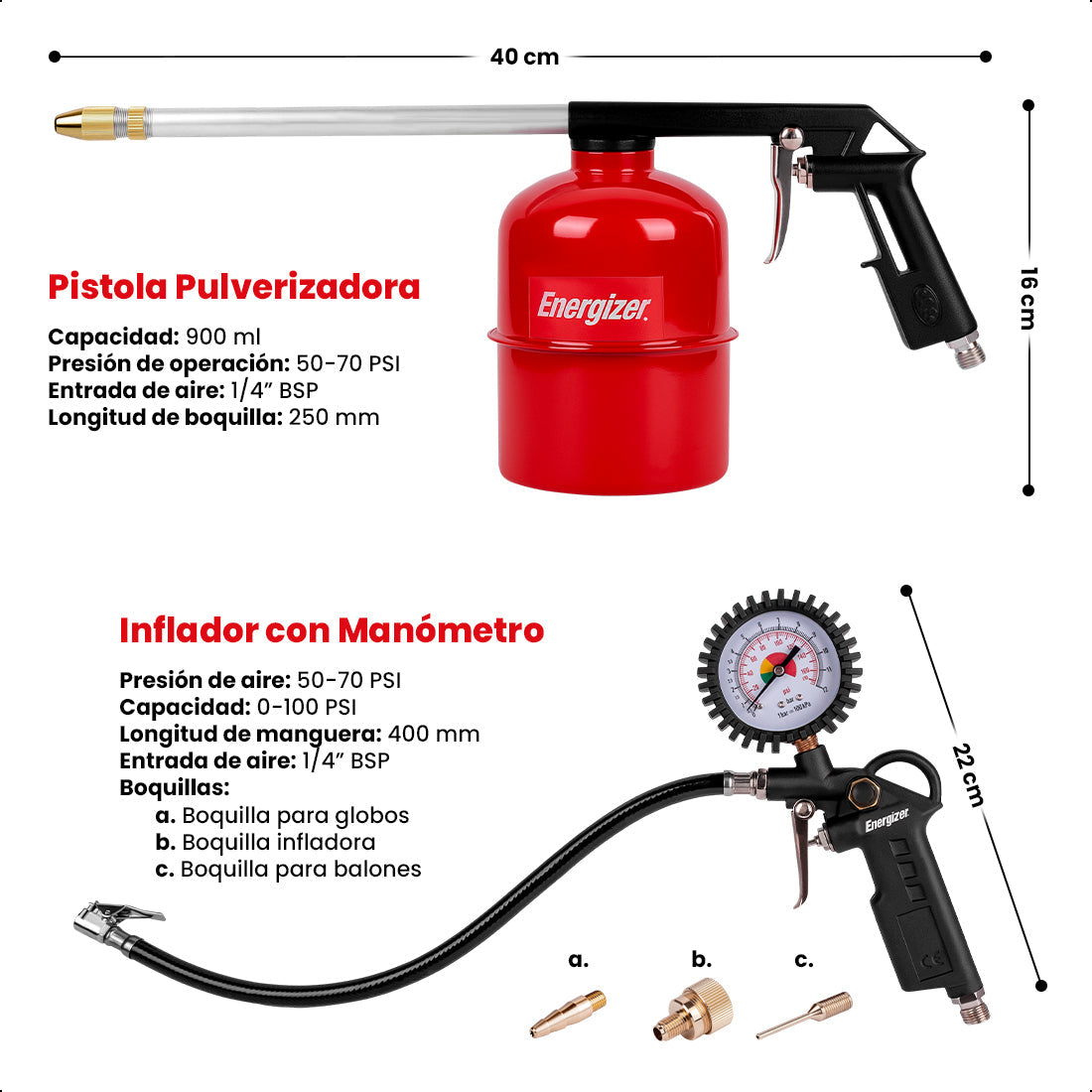 Pistola para pintado, Pistola de aire con manguera de 5m, pistola para inflado con 3 boquillas y pistola de lavado ENERGIZER