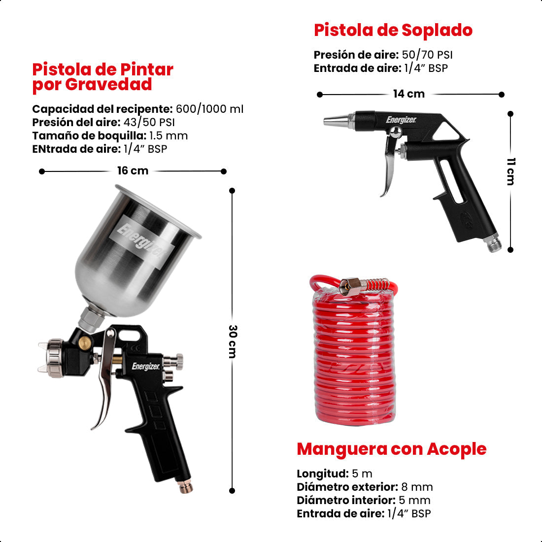 Pistola para pintado, Pistola de aire con manguera de 5m, pistola para inflado con 3 boquillas y pistola de lavado ENERGIZER