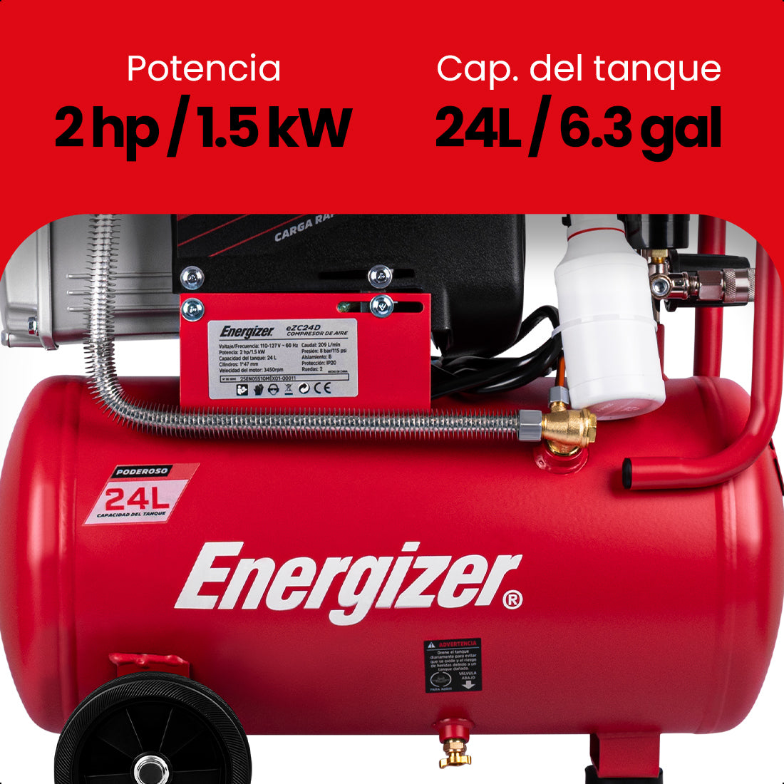 Compresor de aire, lubricado, horizontal 24L 2HP 110V 115psi ENERGIZER