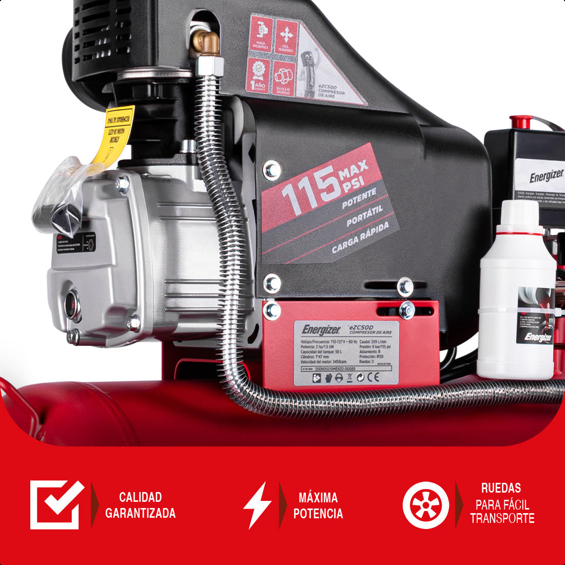 Compresor de aire, lubricado, horizontal 50L 2HP 110V 115psi ENERGIZER