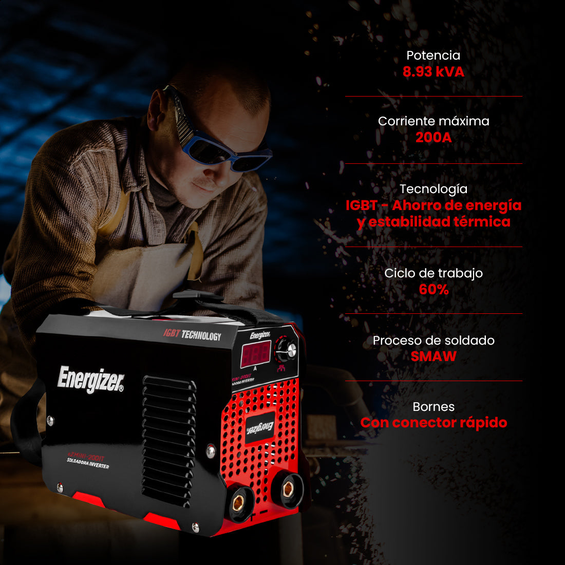 Soldadora inversora 200 A, 110 V, ENERGIZER