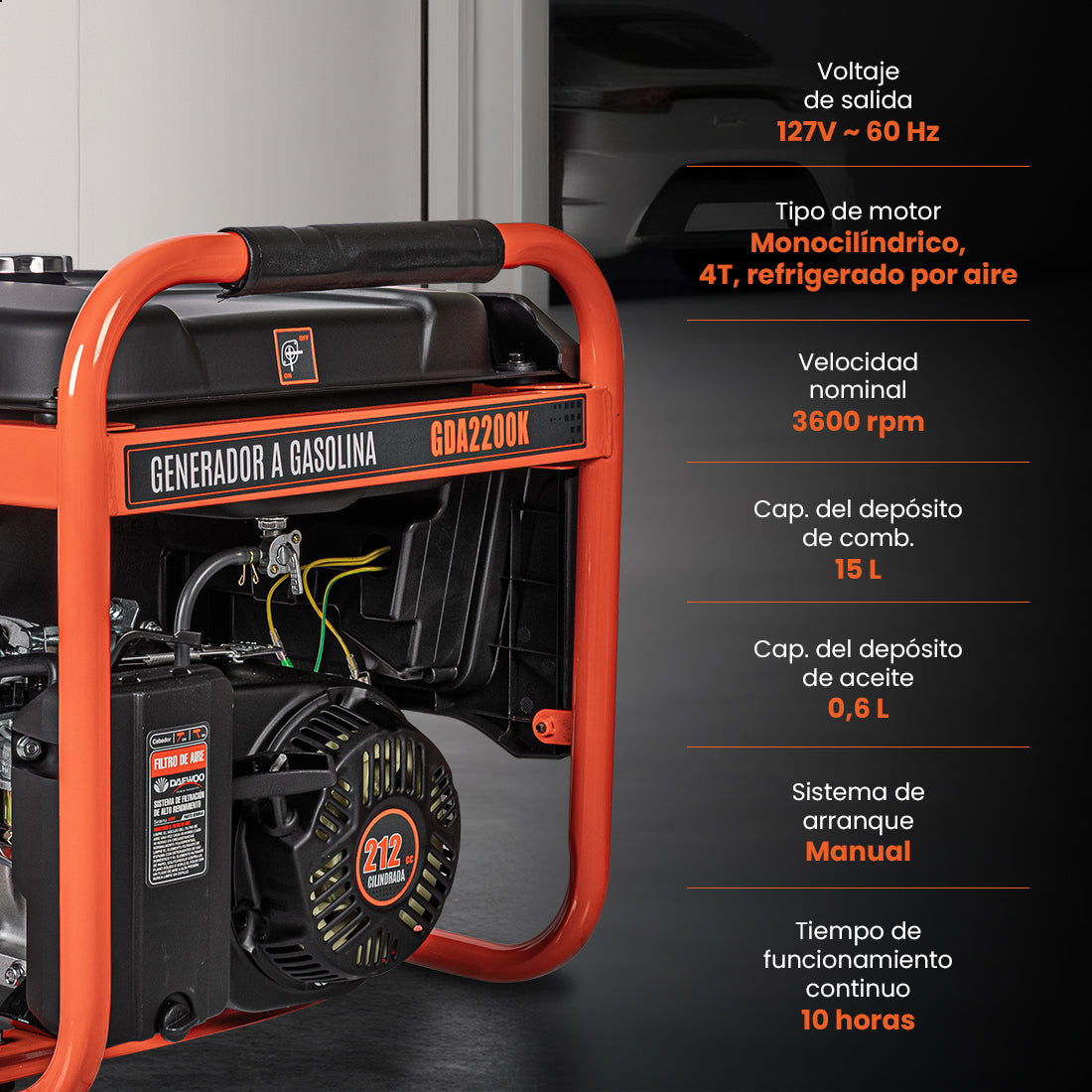 Generador portátil 2.5 kW 212CC 15L Regulador Voltaje Arr Elect 10 hrs DAEWOO