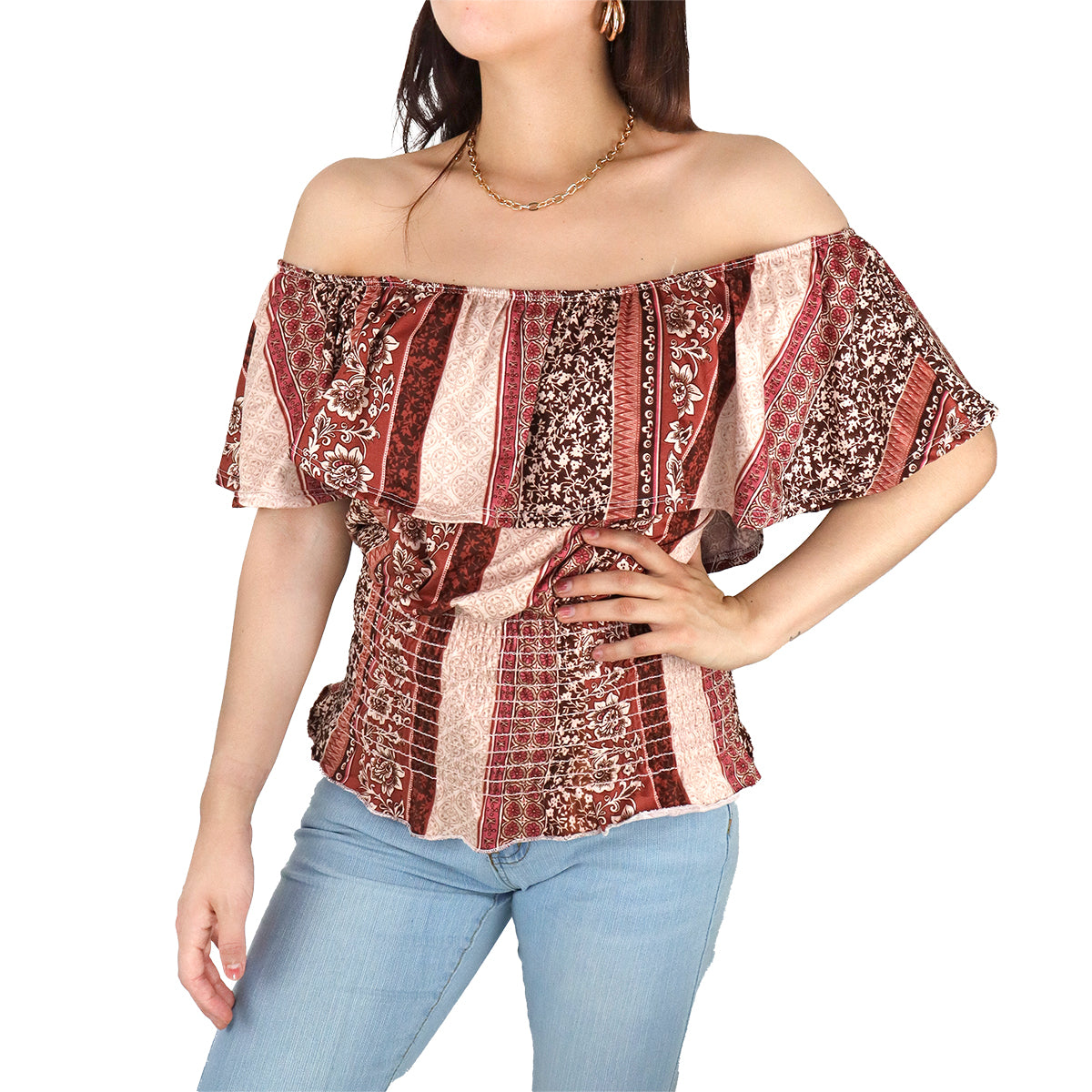 Blusa Campesina para Dama, color Café con Rosa