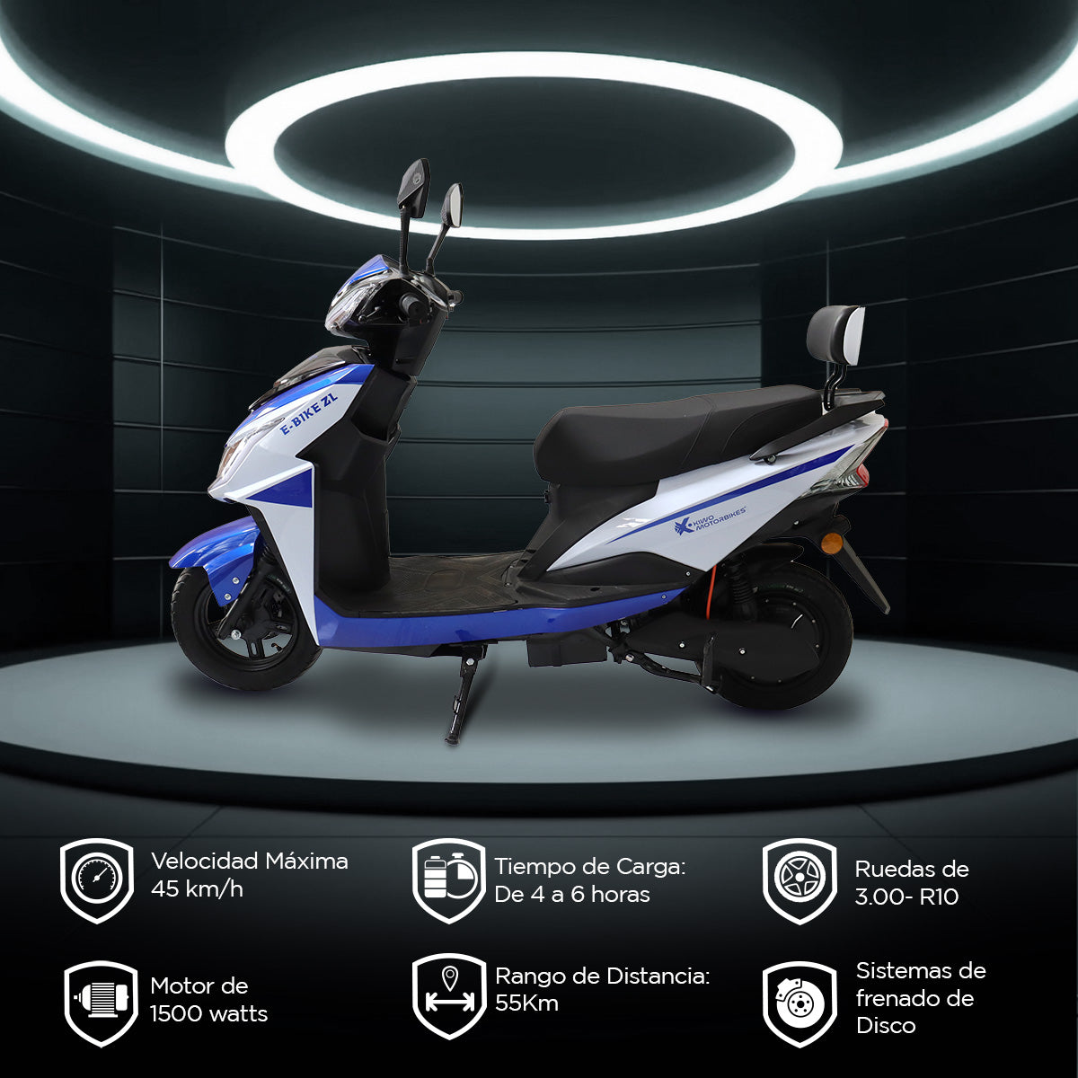 Motocicleta Eléctrica Kiwo E-Bike ZL color Azul con Blanco