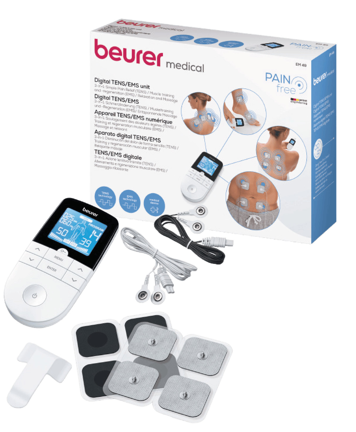 Electroestimulador EM49 con 2 canales y 64 programas – Marca Beurer