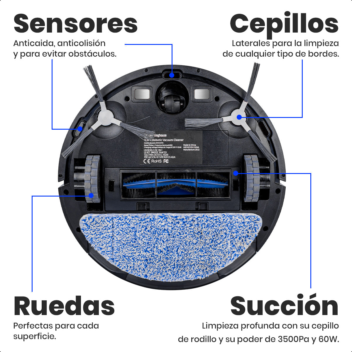 Robot Aspiradora Westinghouse 3 en 1 Aspira Barre Frega PRO