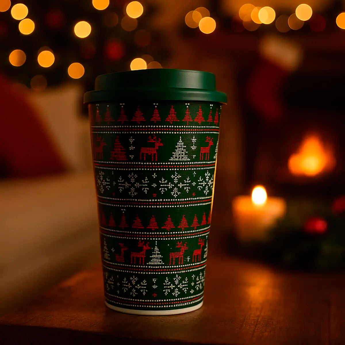 Vaso de Plástico con Tapa, Diseño Navideño, 500 ml