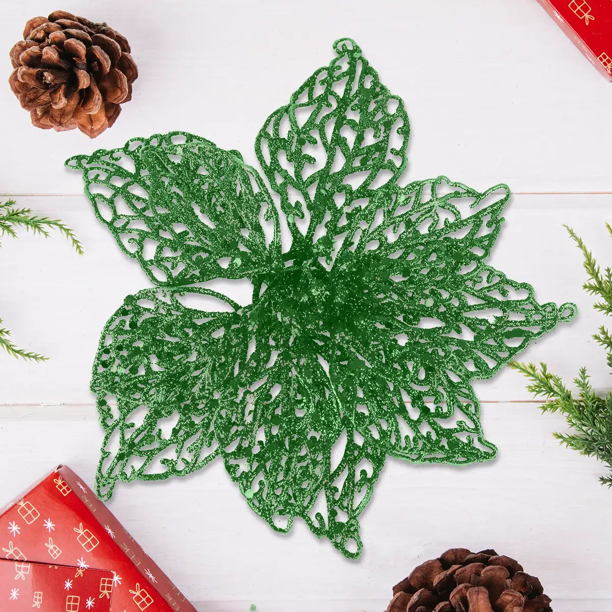 Flor Ornamento Navideño, Color Verde, 2 pzas