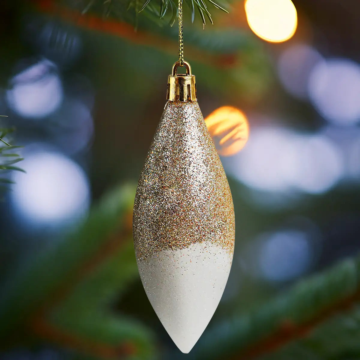 Esferas Bicolor Glitter Alargadas, Color Dorado, 2 pzas