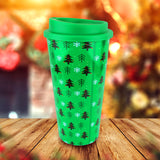 Vaso de Plástico con Tapa, Diseño Pinos, Color Verde
