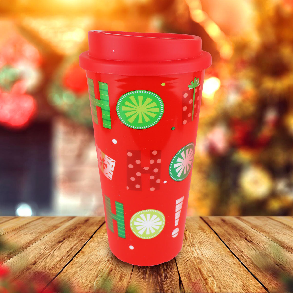 Vaso de Plástico con Tapa "HOHOHO", Color Rojo