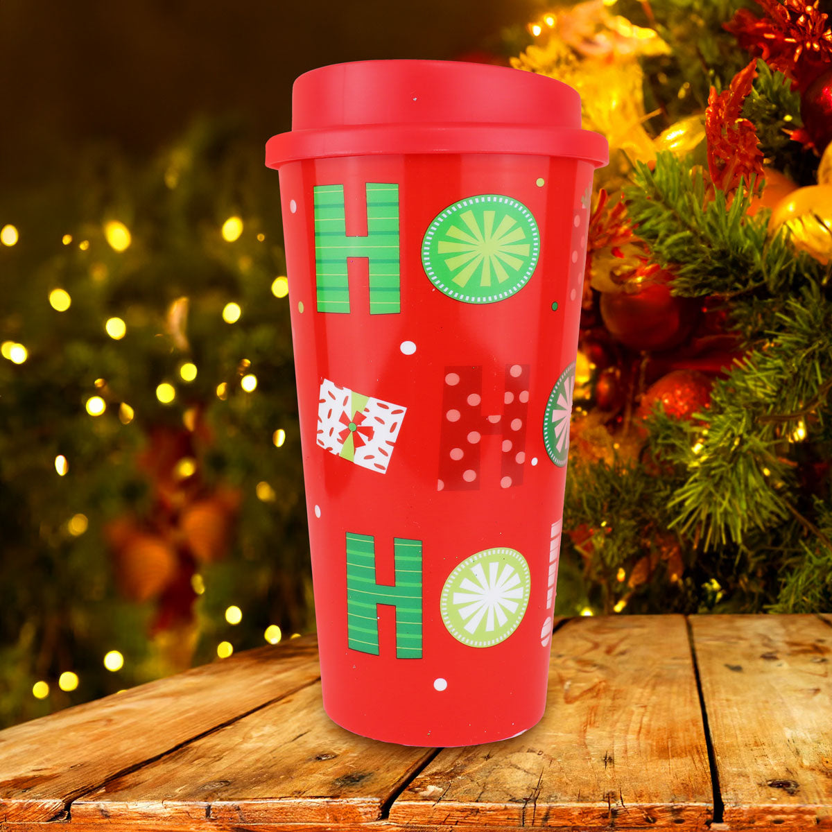 Vaso de Plástico con Tapa "HOHOHO", Color Rojo