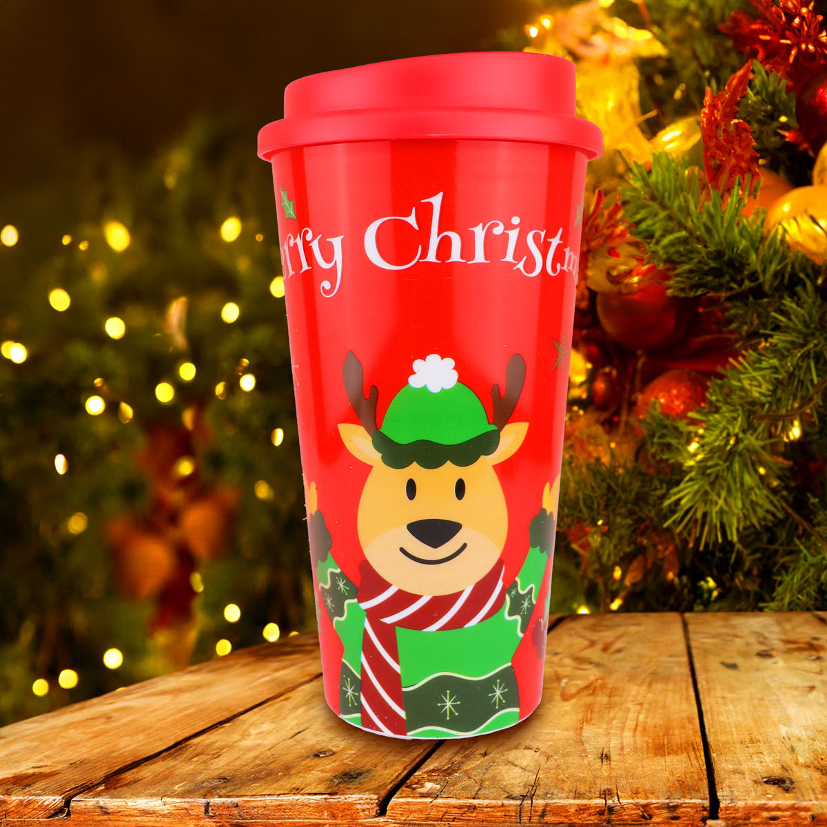 Vaso de Plástico con Tapa "Merry Christmas", Diseño Reno
