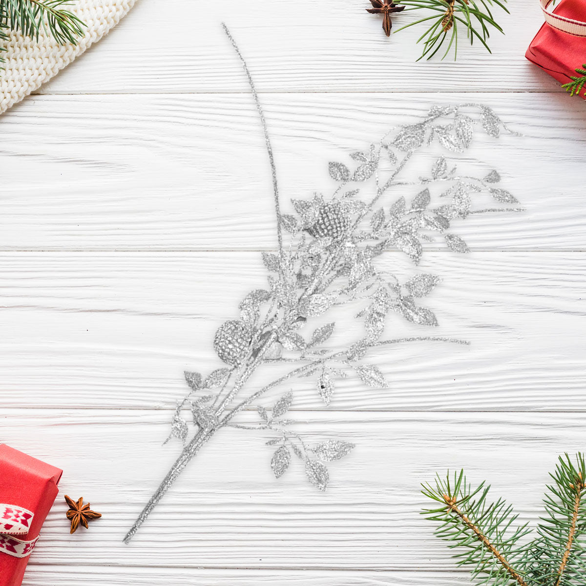 Follaje, Rama Decorativa, Glitter, Color Plata