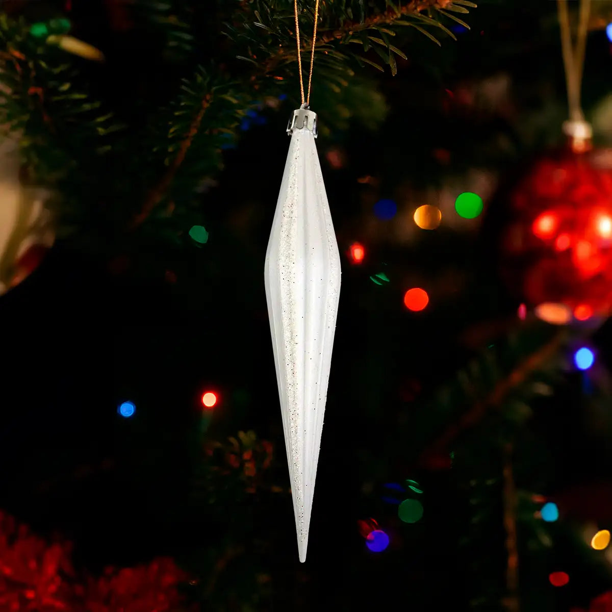 Esferas Navideñas, Forma Diamante Largo, Color Blanco, 2 pzas